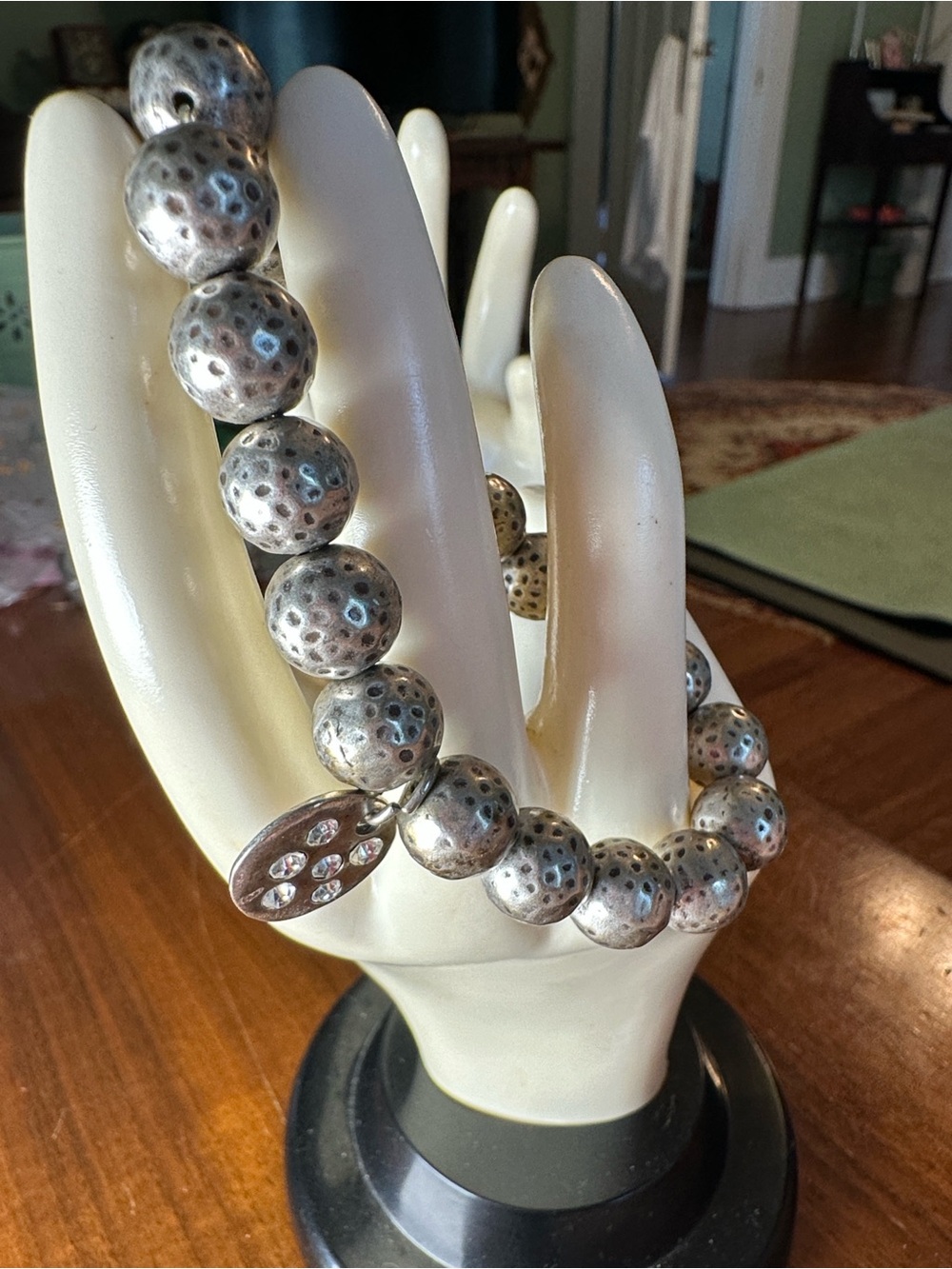 Chunky Heavy Silver Beaded Stretch Bracelet with Pavé Charm
